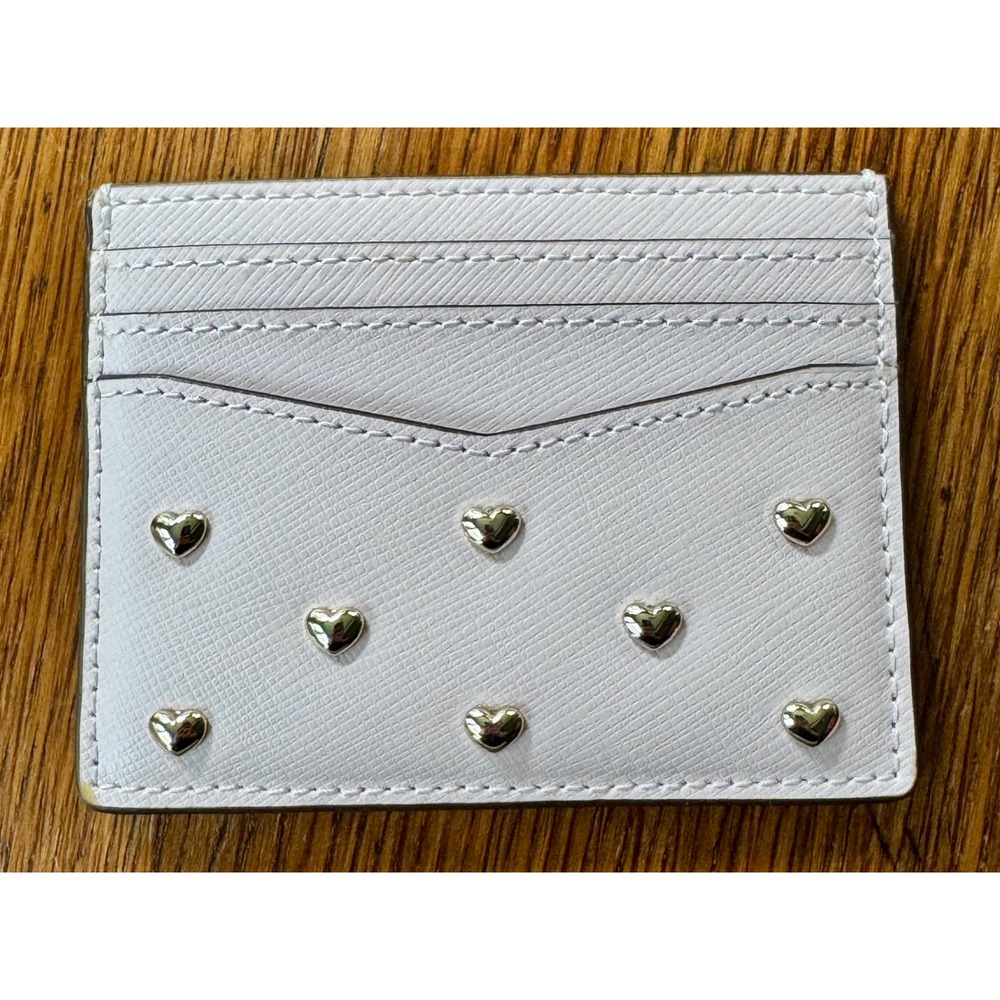 Kate Spade New York Saffiano Leather Card Holder Heart Studs Pink Light Purple - Picture 2 of 10